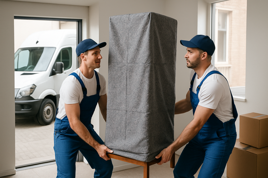 Beiladung Bremen – zwei Umzugshelfer tragen einen verpackten Schrank